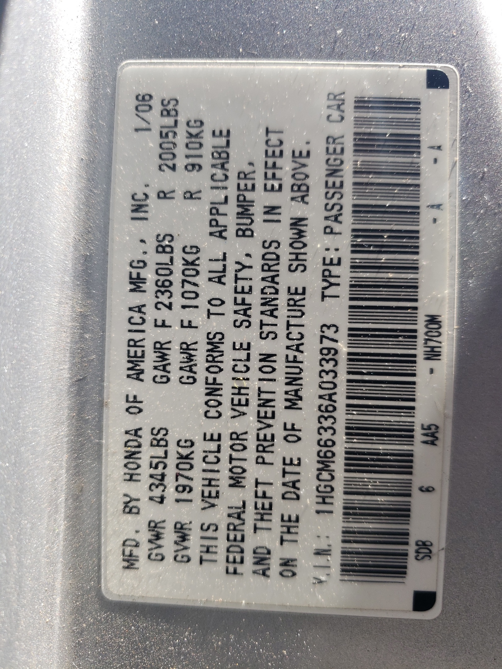 1HGCM66336A033973 2006 Honda Accord Lx