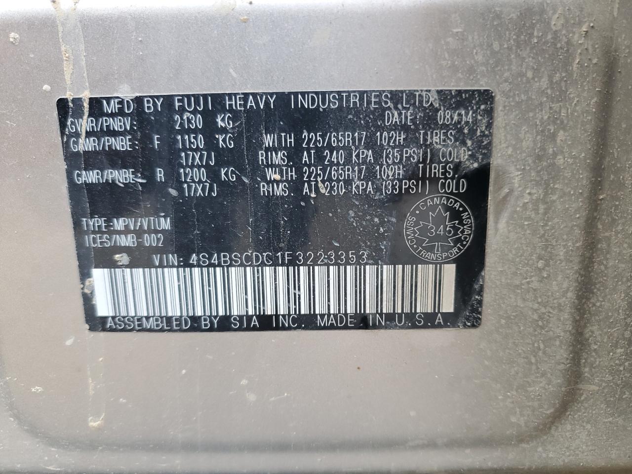 2015 Subaru Outback 2.5I Premium VIN: 4S4BSCDC1F3223353 Lot: 64946304