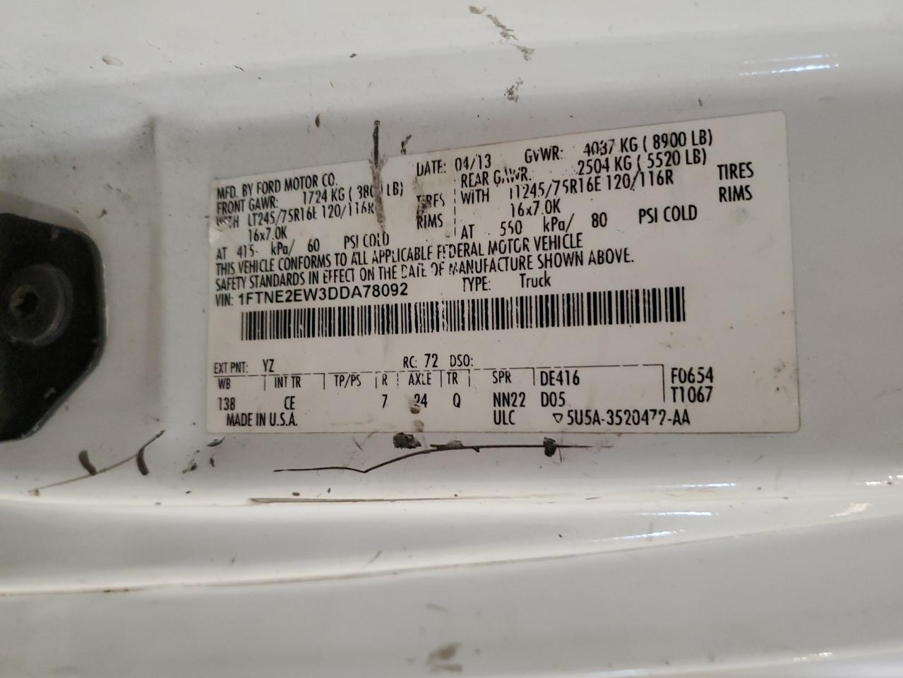 2013 Ford Econoline E250 Van VIN: 1FTNE2EW3DDA78092 Lot: 62612924