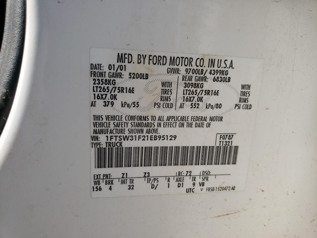 2001 Ford F350 Srw Super Duty VIN: 1FTSW31F21EB95129 Lot: 64114944