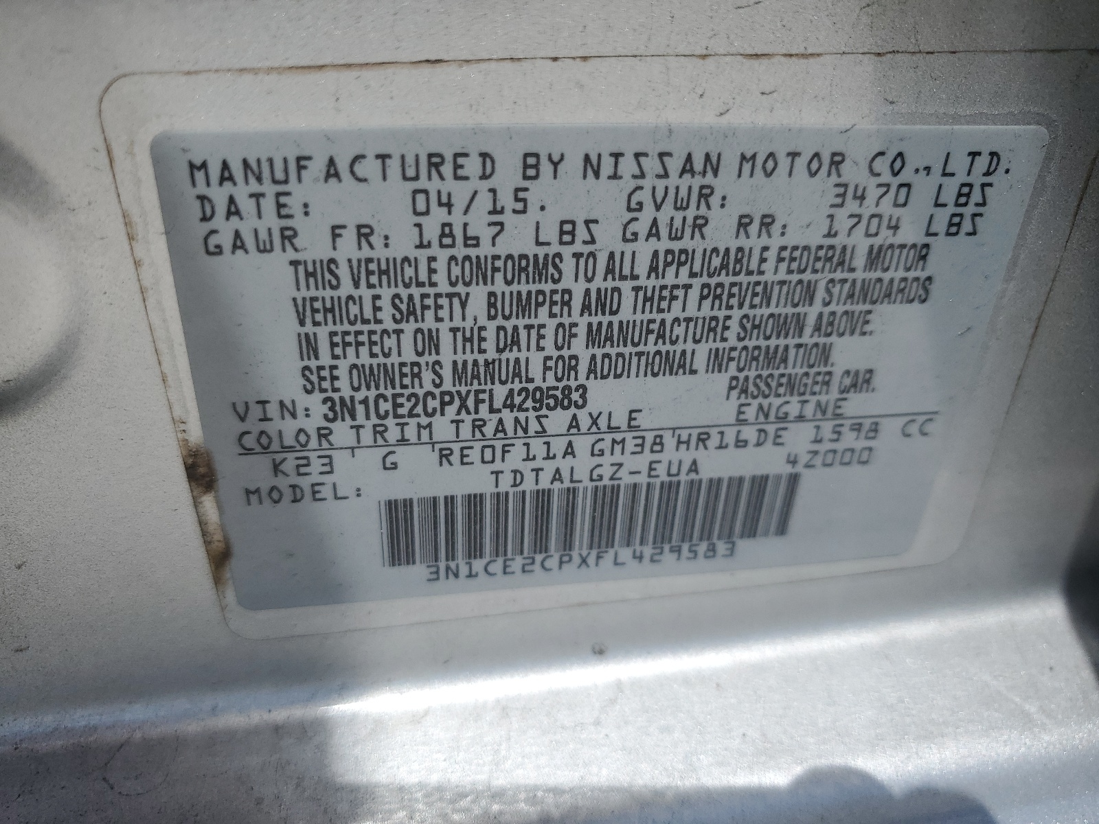 3N1CE2CPXFL429583 2015 Nissan Versa Note S