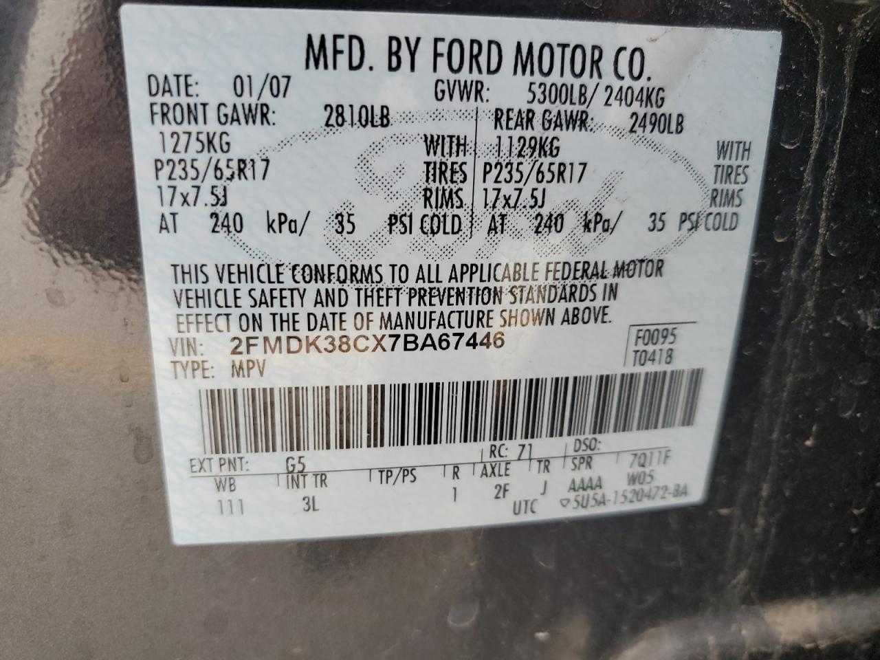 2FMDK38CX7BA67446 2007 Ford Edge Sel