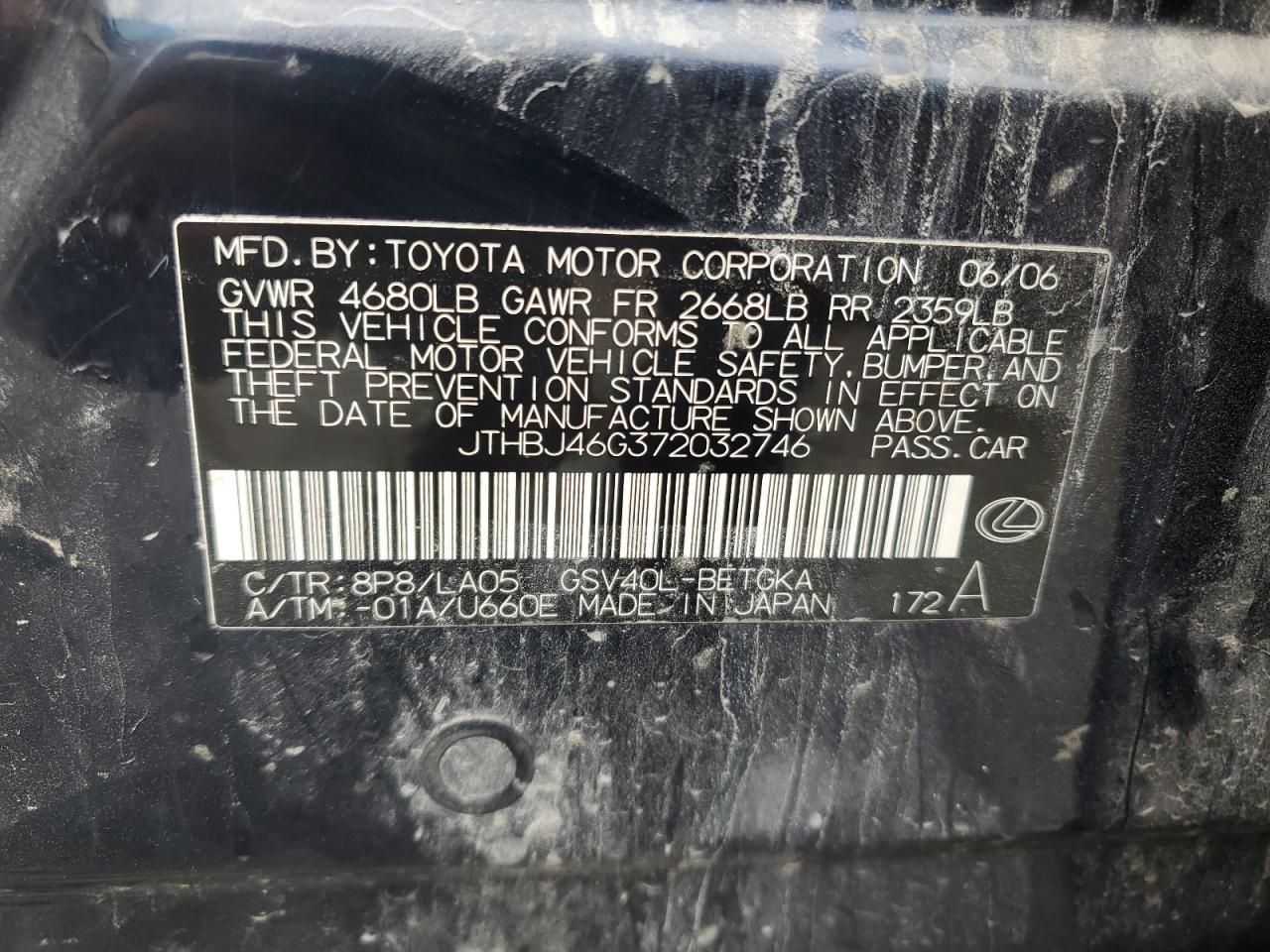 2007 Lexus Es 350 VIN: JTHBJ46G372032746 Lot: 61875144