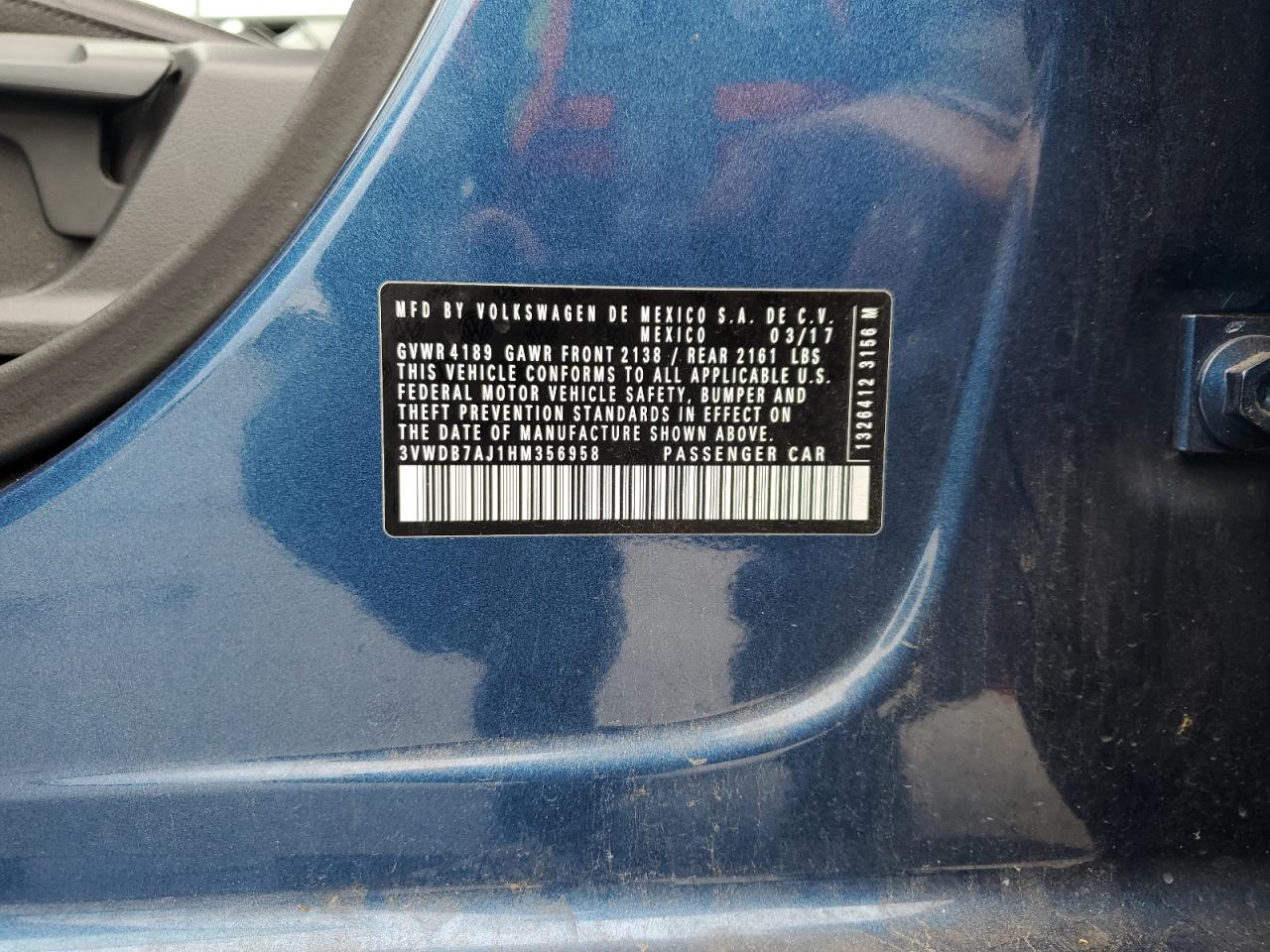 2017 Volkswagen Jetta Se VIN: 3VWDB7AJ1HM356958 Lot: 64607154