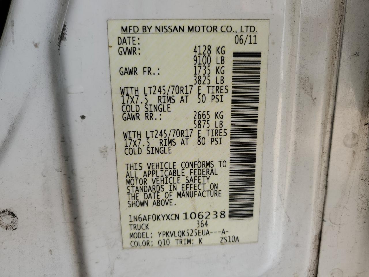 2012 Nissan Nv 2500 VIN: 1N6AF0KYXCN106238 Lot: 63762604