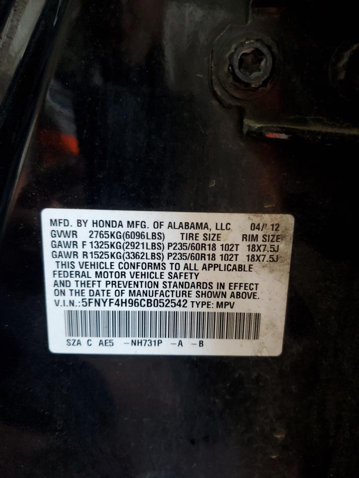 2012 Honda Pilot Touring VIN: 5FNYF4H96CB052542 Lot: 61703764