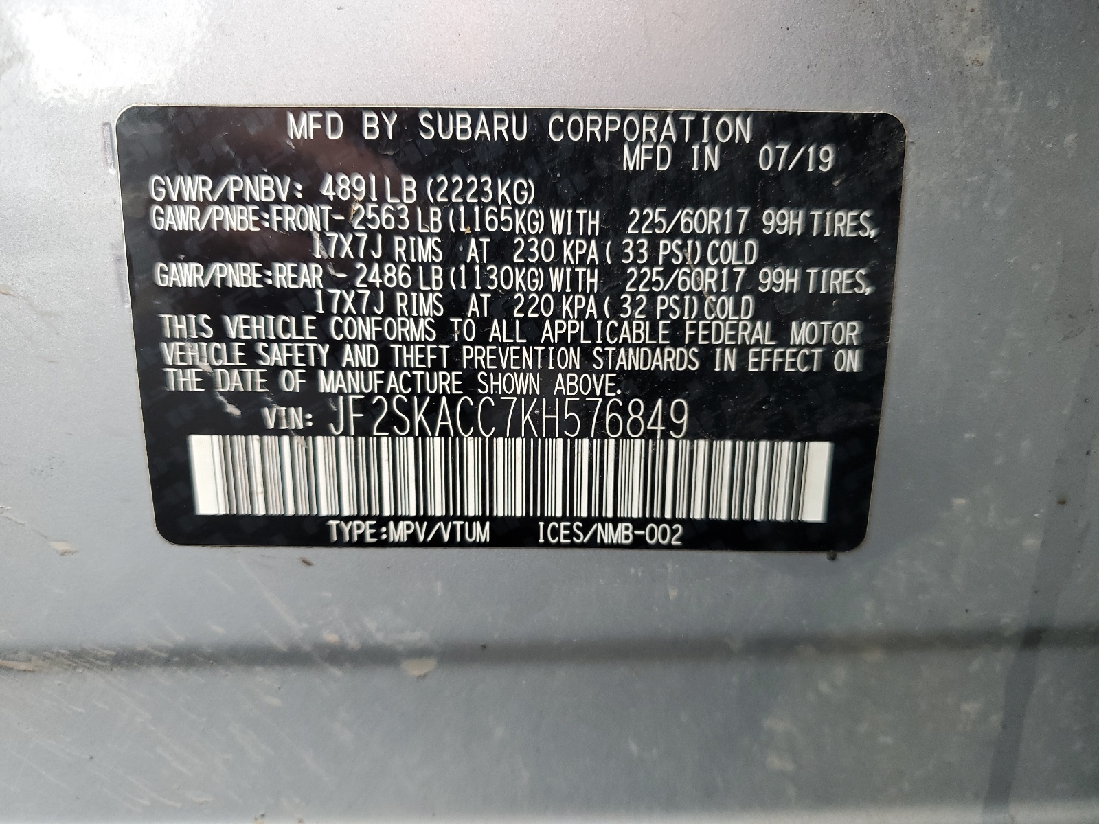 JF2SKACC7KH576849 2019 Subaru Forester