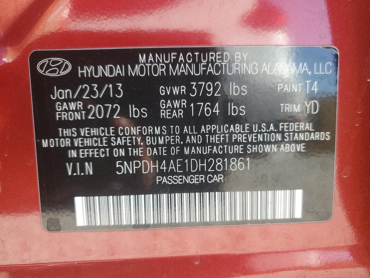 2013 Hyundai Elantra Gls VIN: 5NPDH4AE1DH281861 Lot: 65469924