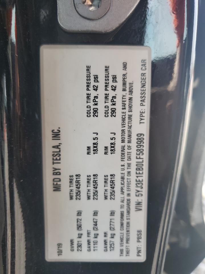2020 Tesla Model 3 VIN: 5YJ3E1EB0LF589989 Lot: 65123205