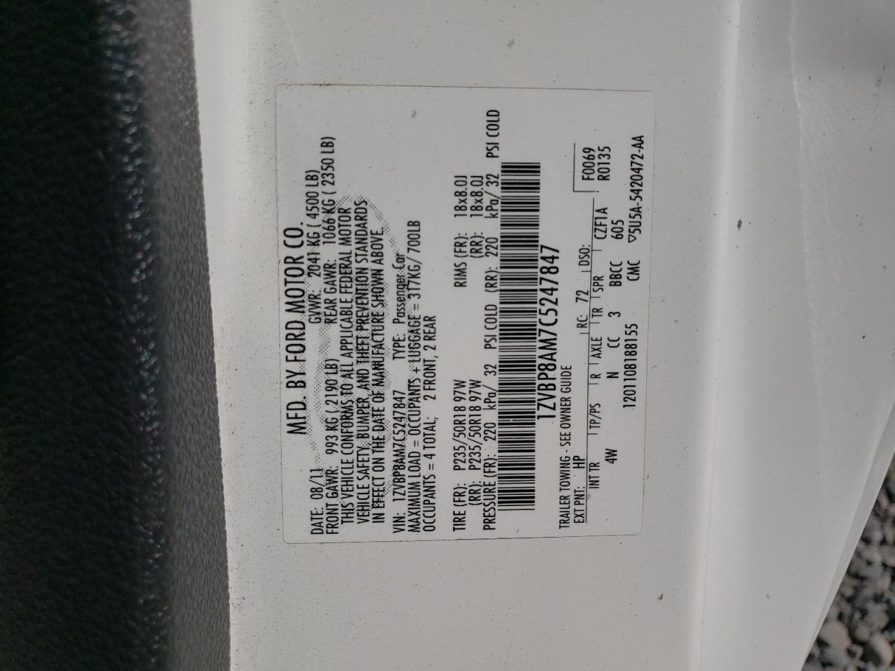 2012 Ford Mustang VIN: 1ZVBP8AM7C5247847 Lot: 66925645