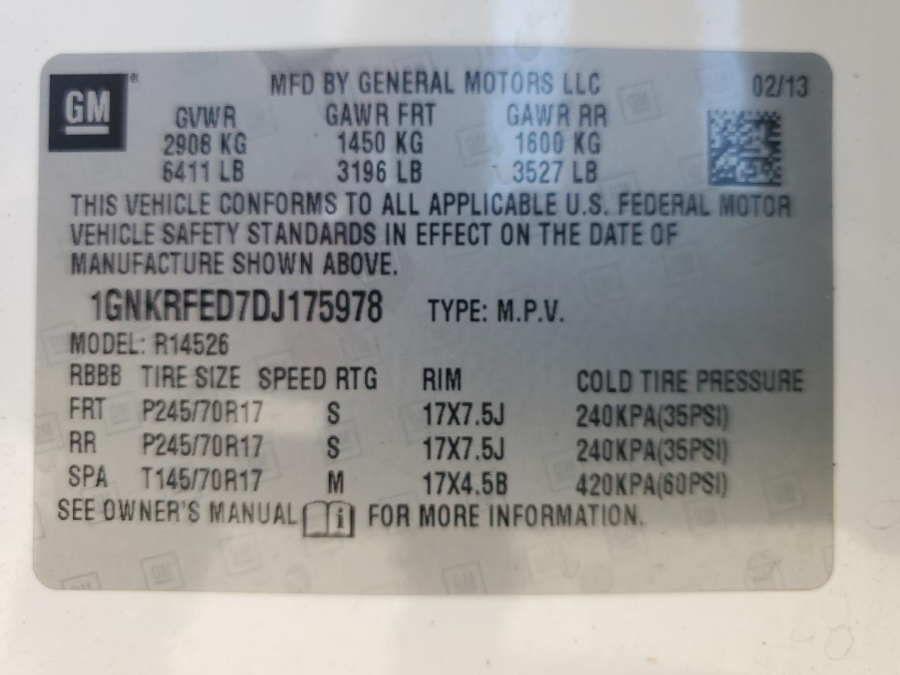 2013 Chevrolet Traverse Ls VIN: 1GNKRFED7DJ175978 Lot: 63426665