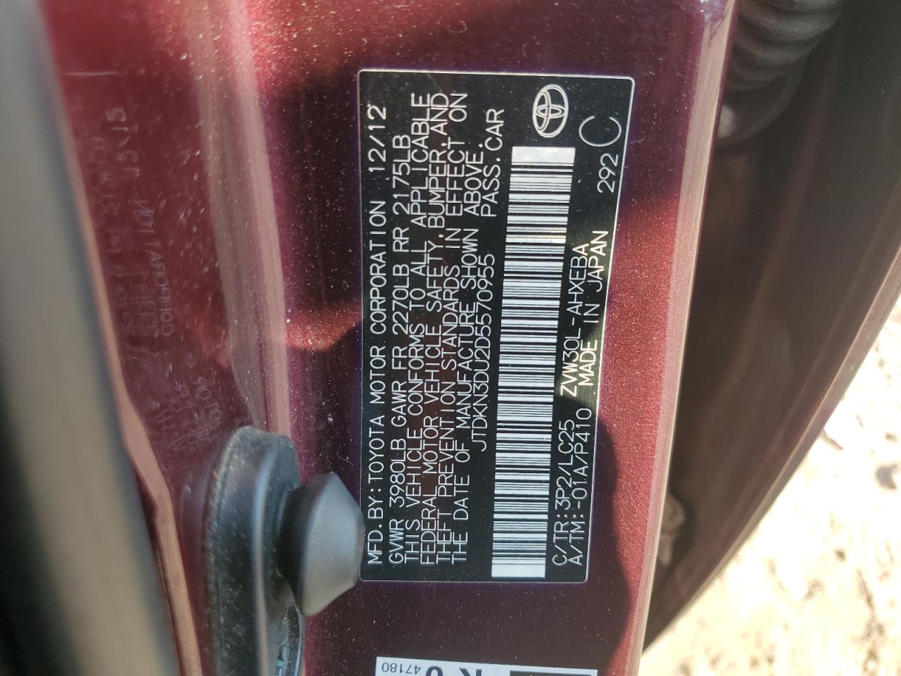 2013 Toyota Prius VIN: JTDKN3DU2D5570955 Lot: 64825925