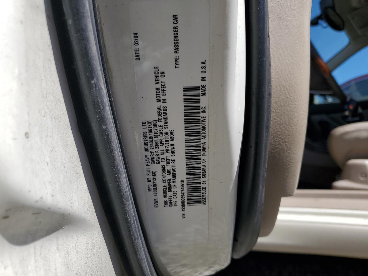 2004 Subaru Legacy Outback H6 3.0 Ll Bean VIN: 4S3BH806947645618 Lot: 64329355
