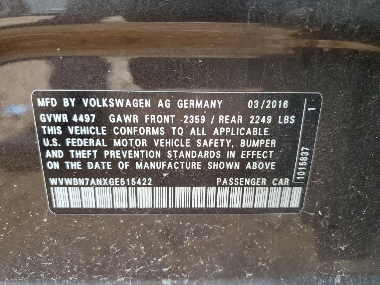 2016 Volkswagen Cc Base VIN: WVWBN7ANXGE515422 Lot: 63229755