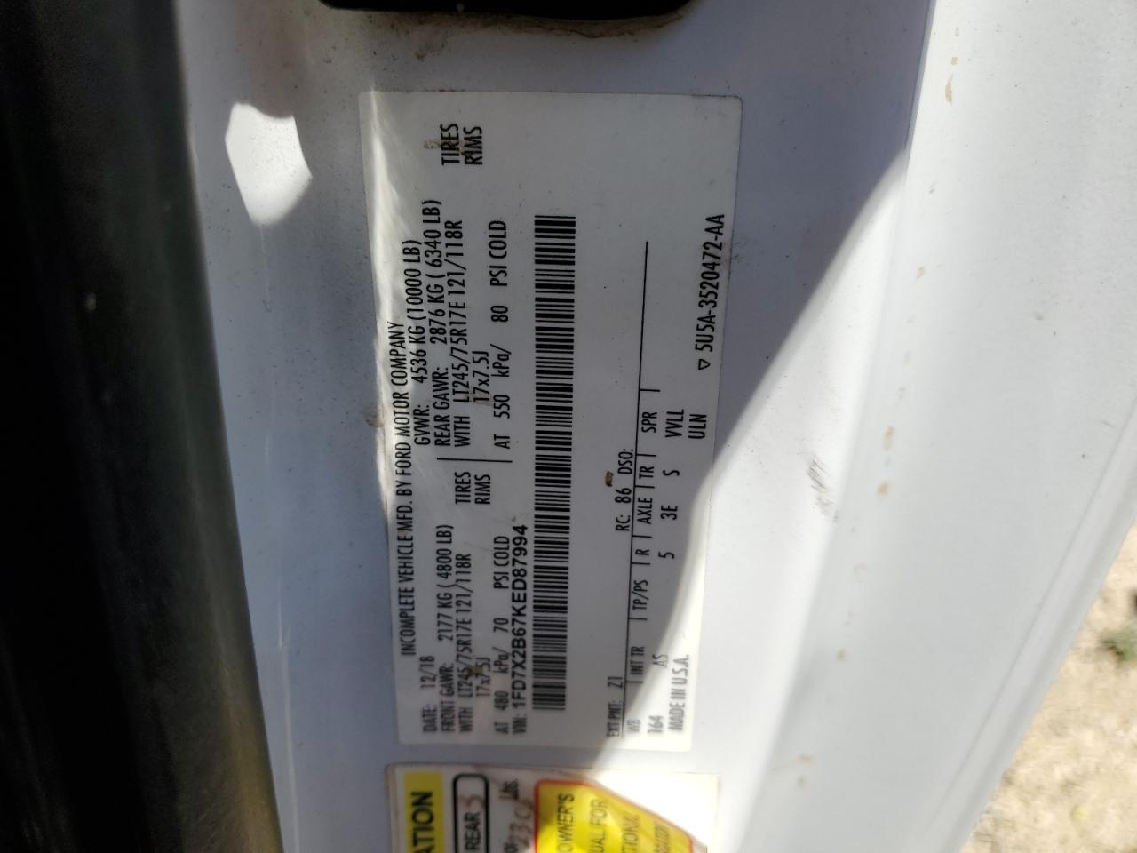 2019 Ford F250 Super Duty VIN: 1FD7X2B67KED87994 Lot: 61730445