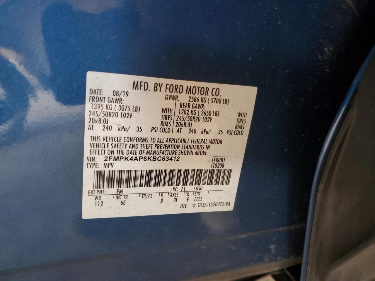 2019 Ford Edge St VIN: 2FMPK4AP8KBC63412 Lot: 66031325