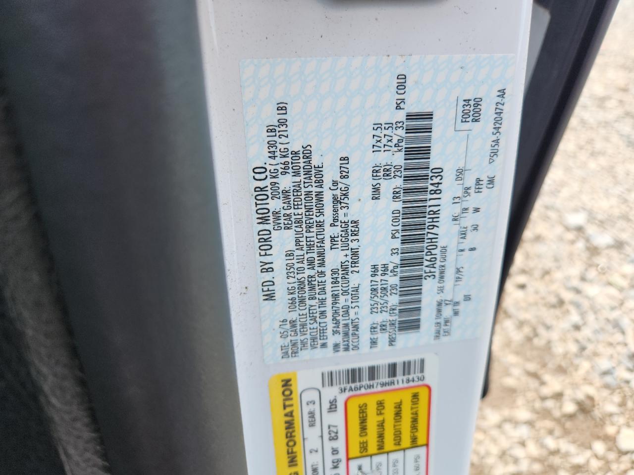 2017 Ford Fusion Se VIN: 3FA6P0H79HR118430 Lot: 65188115