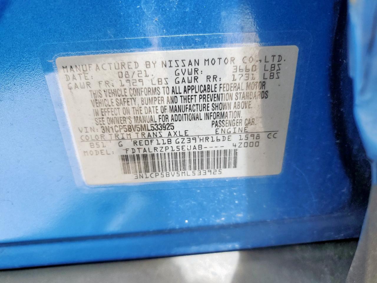 2021 Nissan Kicks S VIN: 3N1CP5BV5ML533925 Lot: 64460725