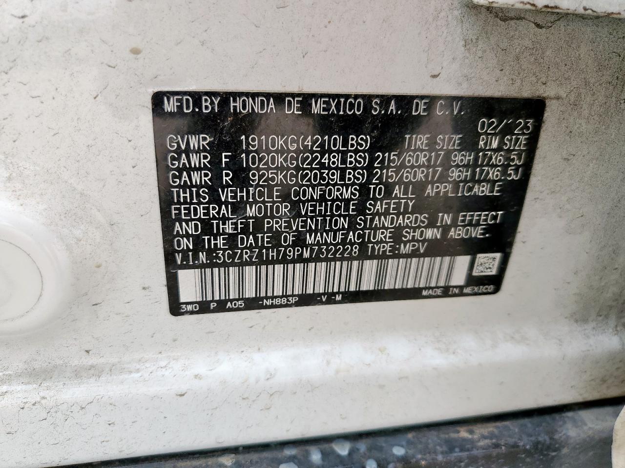 2023 Honda Hr-V Exl VIN: 3CZRZ1H79PM732228 Lot: 61878195