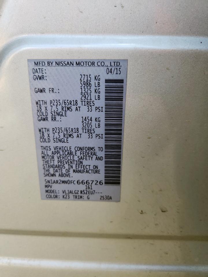 2015 Nissan Pathfinder S VIN: 5N1AR2MN0FC666726 Lot: 64173145