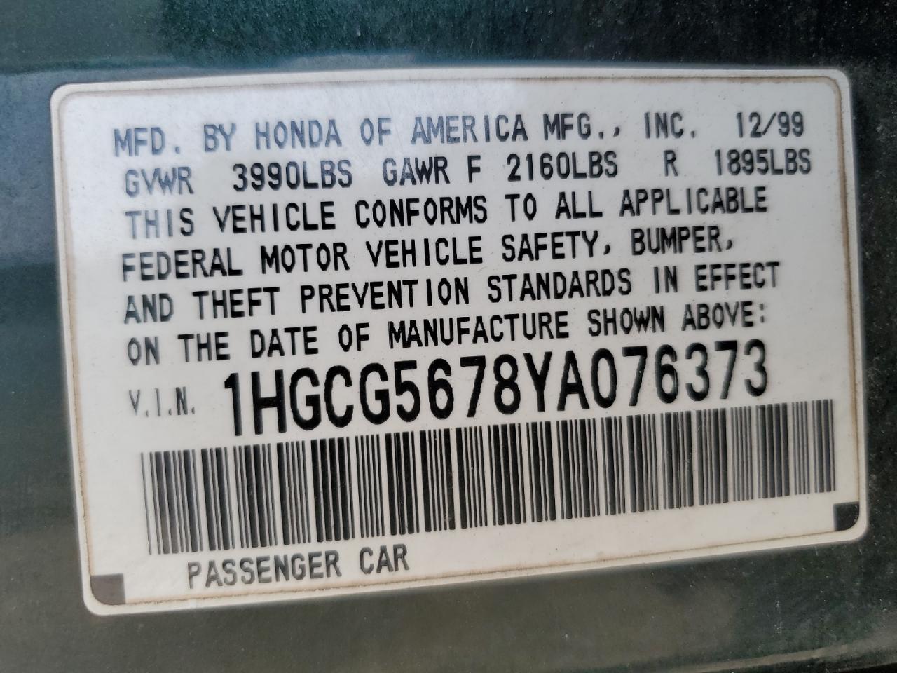 2000 Honda Accord Se VIN: 1HGCG5678YA076373 Lot: 63938125