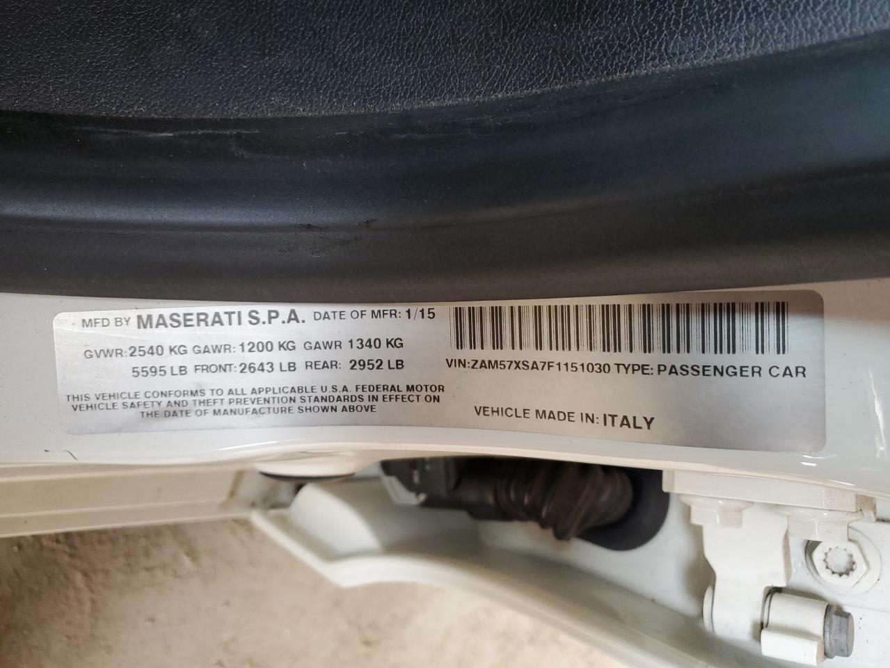 2015 Maserati Ghibli VIN: ZAM57XSA7F1151030 Lot: 65014325