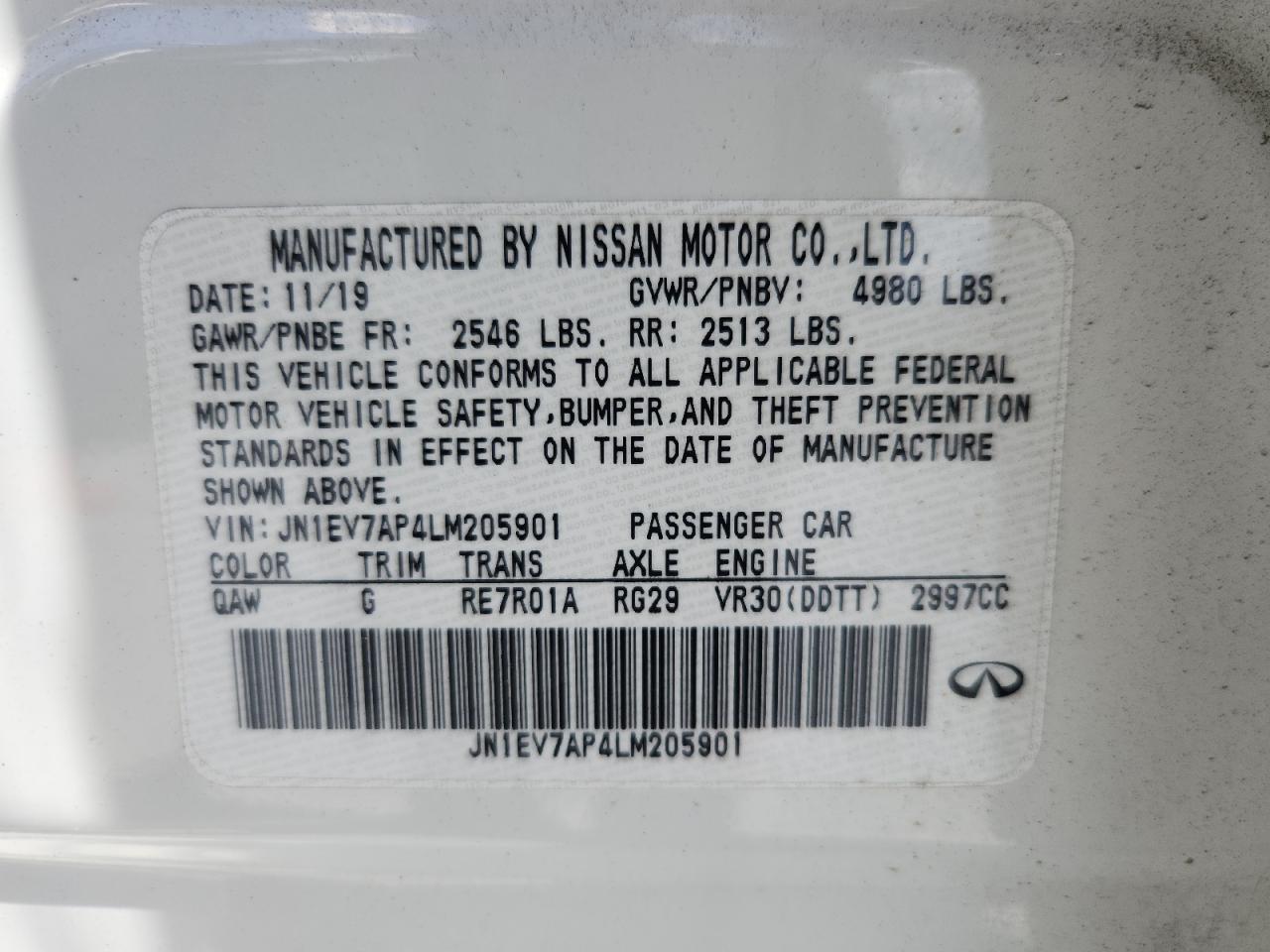 2020 Infiniti Q50 Pure VIN: JN1EV7AP4LM205901 Lot: 65248735
