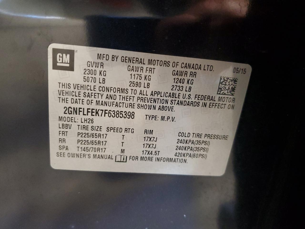 2015 Chevrolet Equinox Lt VIN: 2GNFLFEK7F6385398 Lot: 64977755
