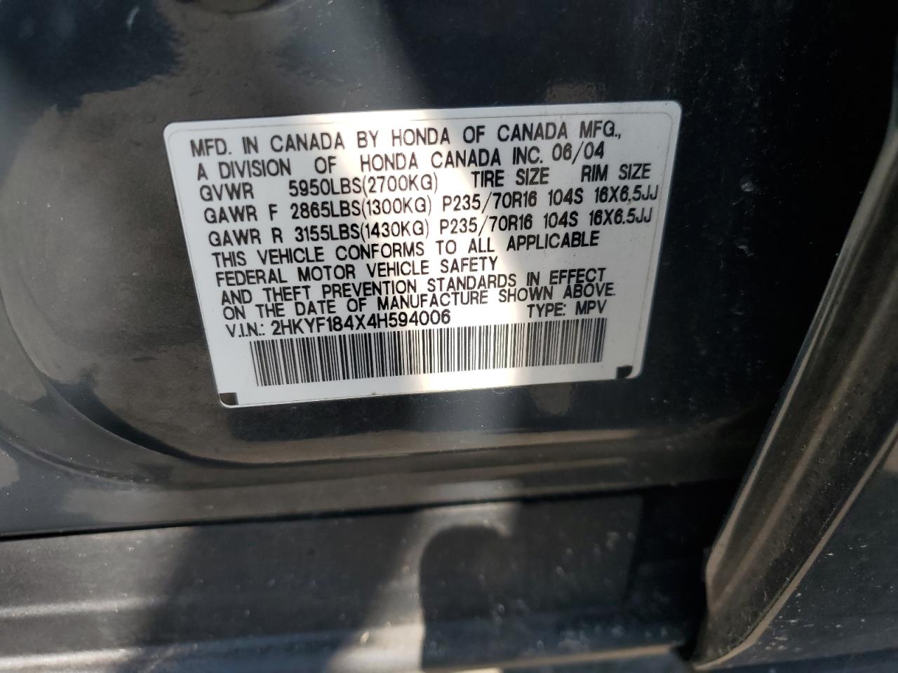 2004 Honda Pilot Ex VIN: 2HKYF184X4H594006 Lot: 64780505