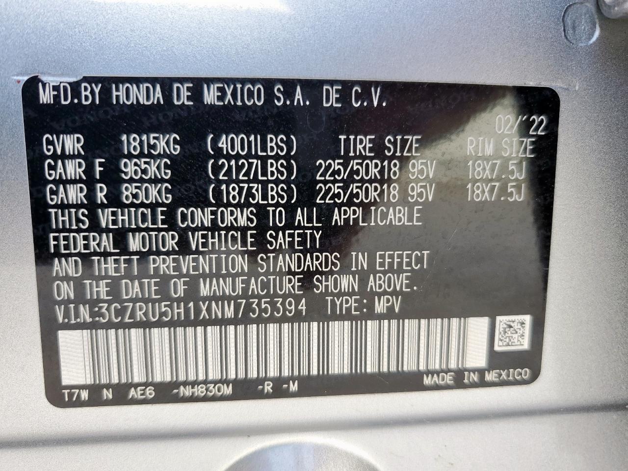 2022 Honda Hr-V Sport VIN: 3CZRU5H1XNM735394 Lot: 63802935
