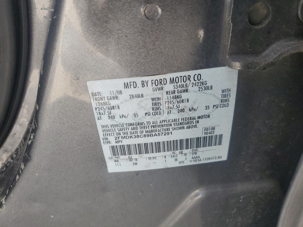 2009 Ford Edge Sel VIN: 2FMDK38C89BA57291 Lot: 63261295