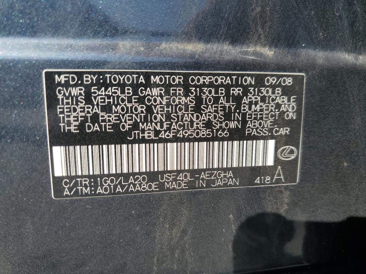 2009 Lexus Ls 460 VIN: JTHBL46F495085166 Lot: 64446685