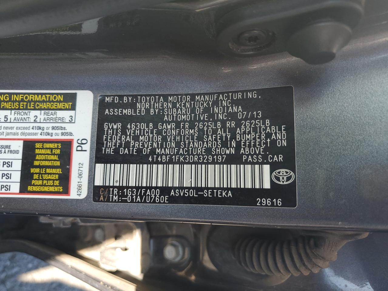 2013 Toyota Camry L VIN: 4T4BF1FK3DR329197 Lot: 63121425