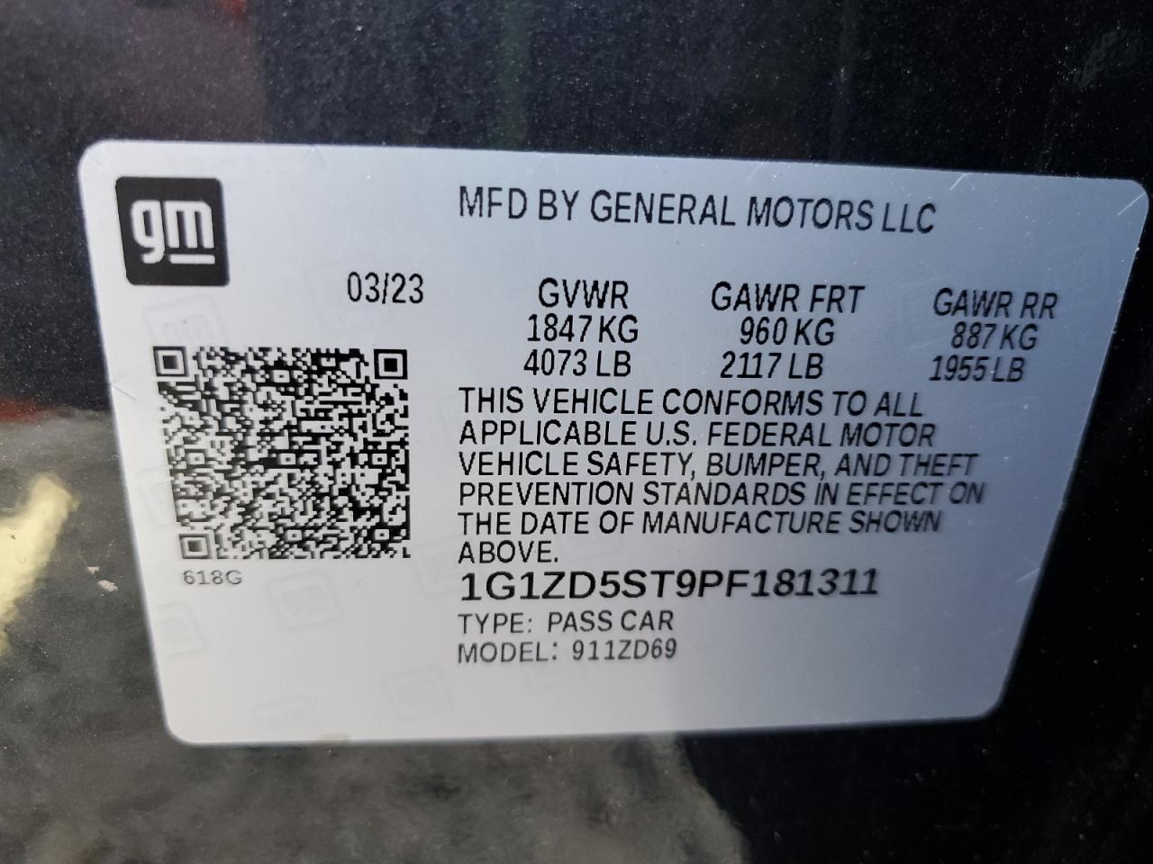 2023 Chevrolet Malibu Lt VIN: 1G1ZD5ST9PF181311 Lot: 64299985
