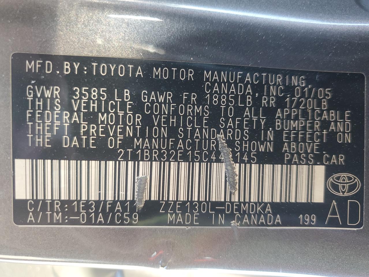 2005 Toyota Corolla Ce VIN: 2T1BR32E15C442145 Lot: 65349855