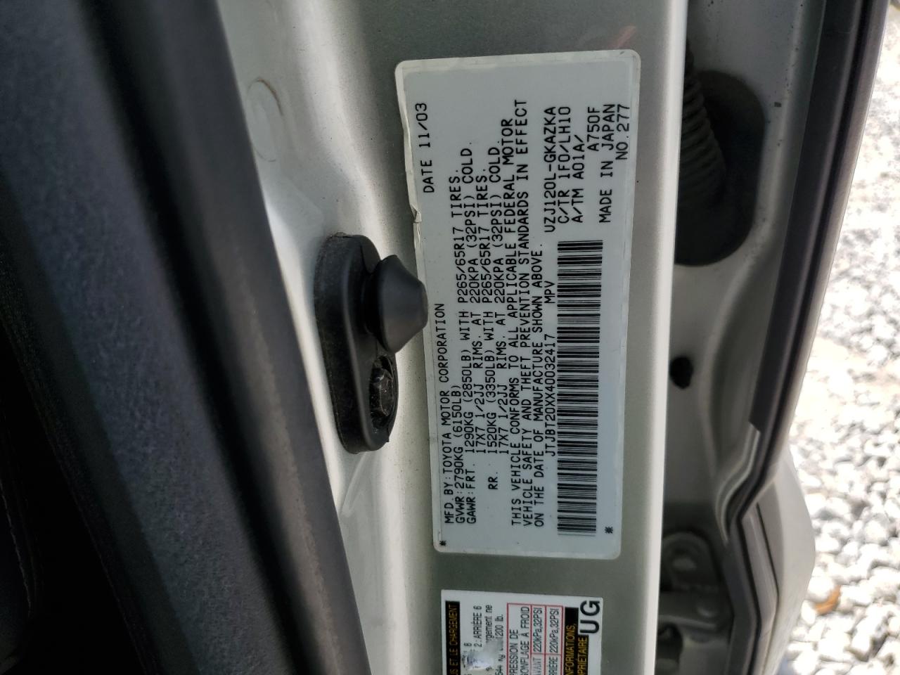 2004 Lexus Gx 470 VIN: JTJBT20XX40032417 Lot: 64519045