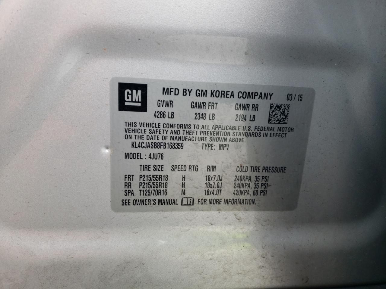2015 Buick Encore VIN: KL4CJASB8FB168359 Lot: 62557615