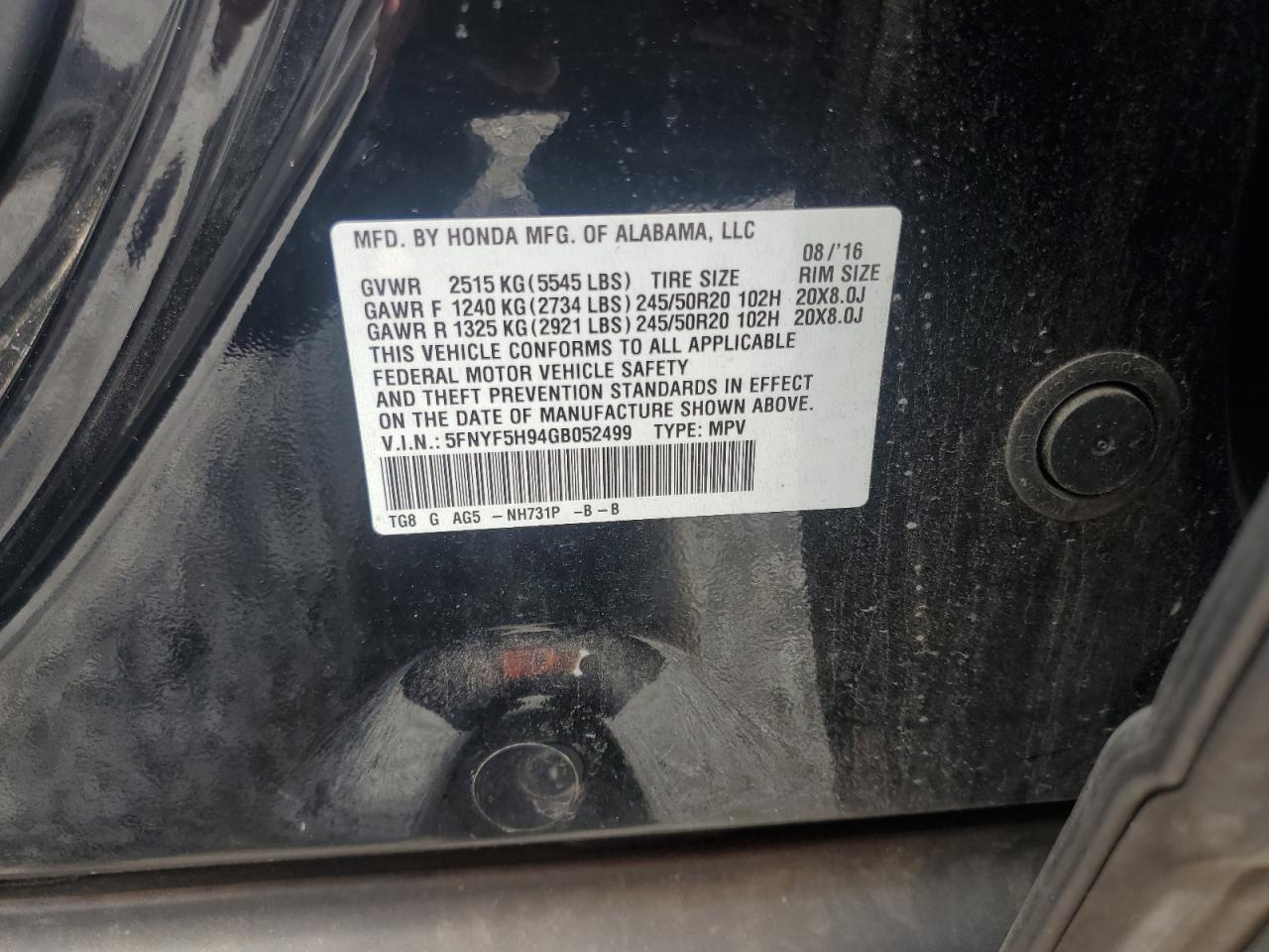 2016 Honda Pilot Touring VIN: 5FNYF5H94GB052499 Lot: 67180745