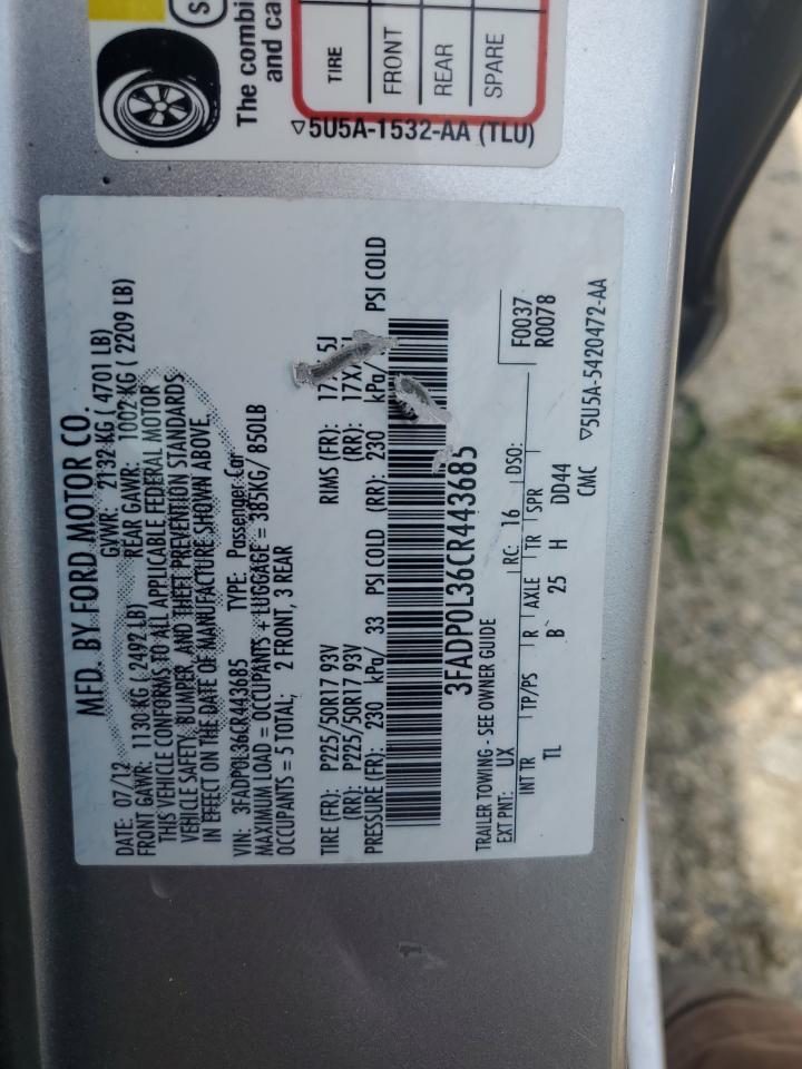 2012 Ford Fusion Hybrid VIN: 3FADP0L36CR443685 Lot: 63968215