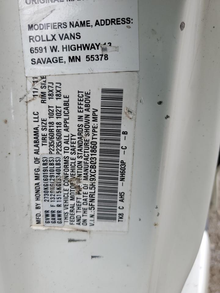 2012 Honda Odyssey Touring VIN: 5FNRL5H9XCB031860 Lot: 59036205