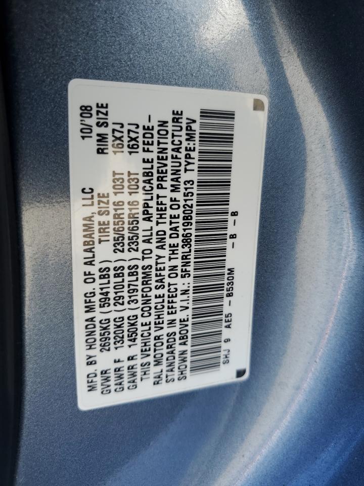 2009 Honda Odyssey Exl VIN: 5FNRL38619B021513 Lot: 62586115