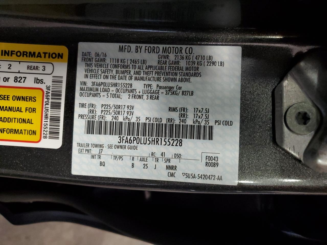 2017 Ford Fusion Se Hybrid VIN: 3FA6P0LU5HR155228 Lot: 65090365
