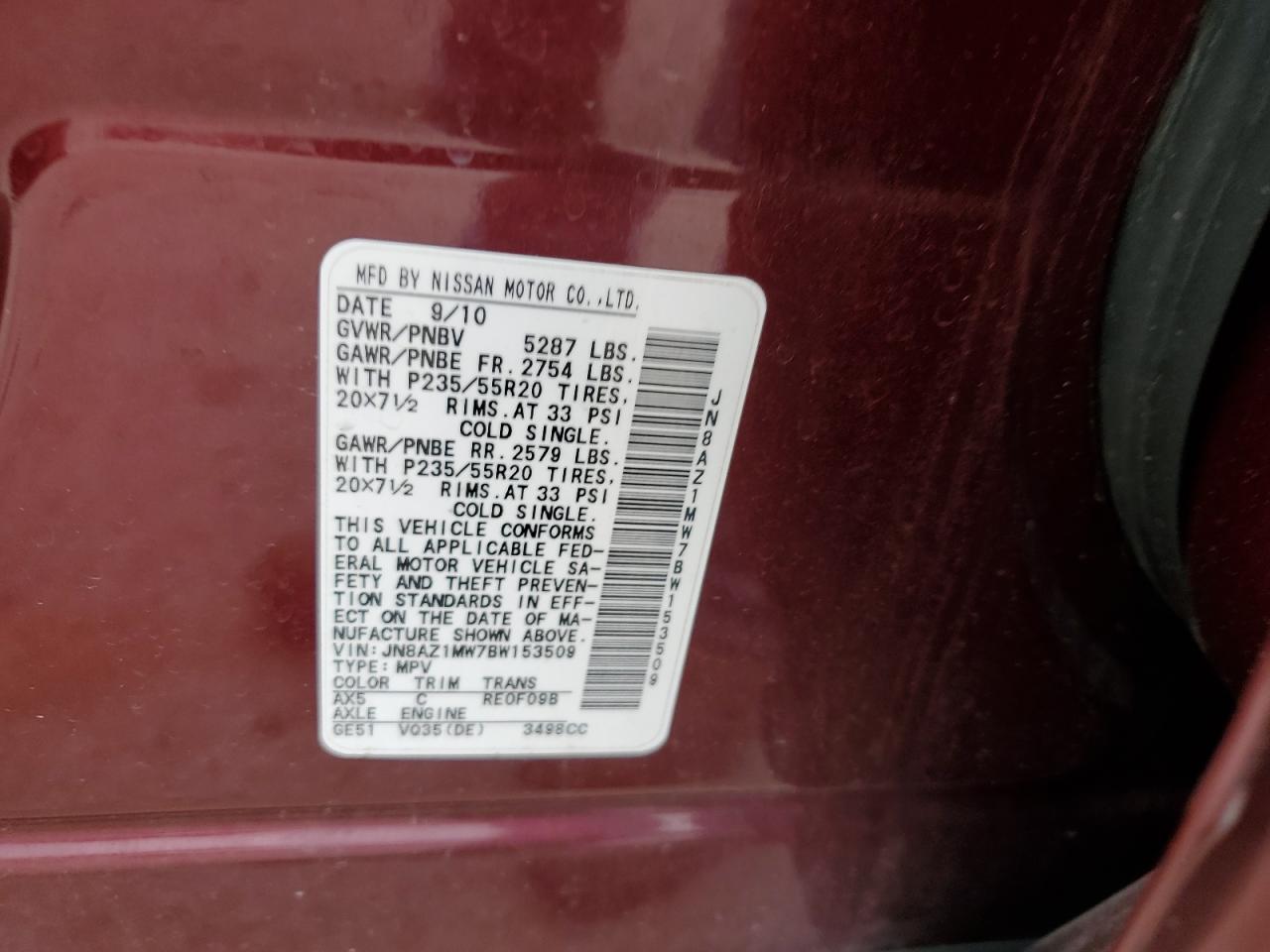 2011 Nissan Murano S VIN: JN8AZ1MW7BW153509 Lot: 64414275