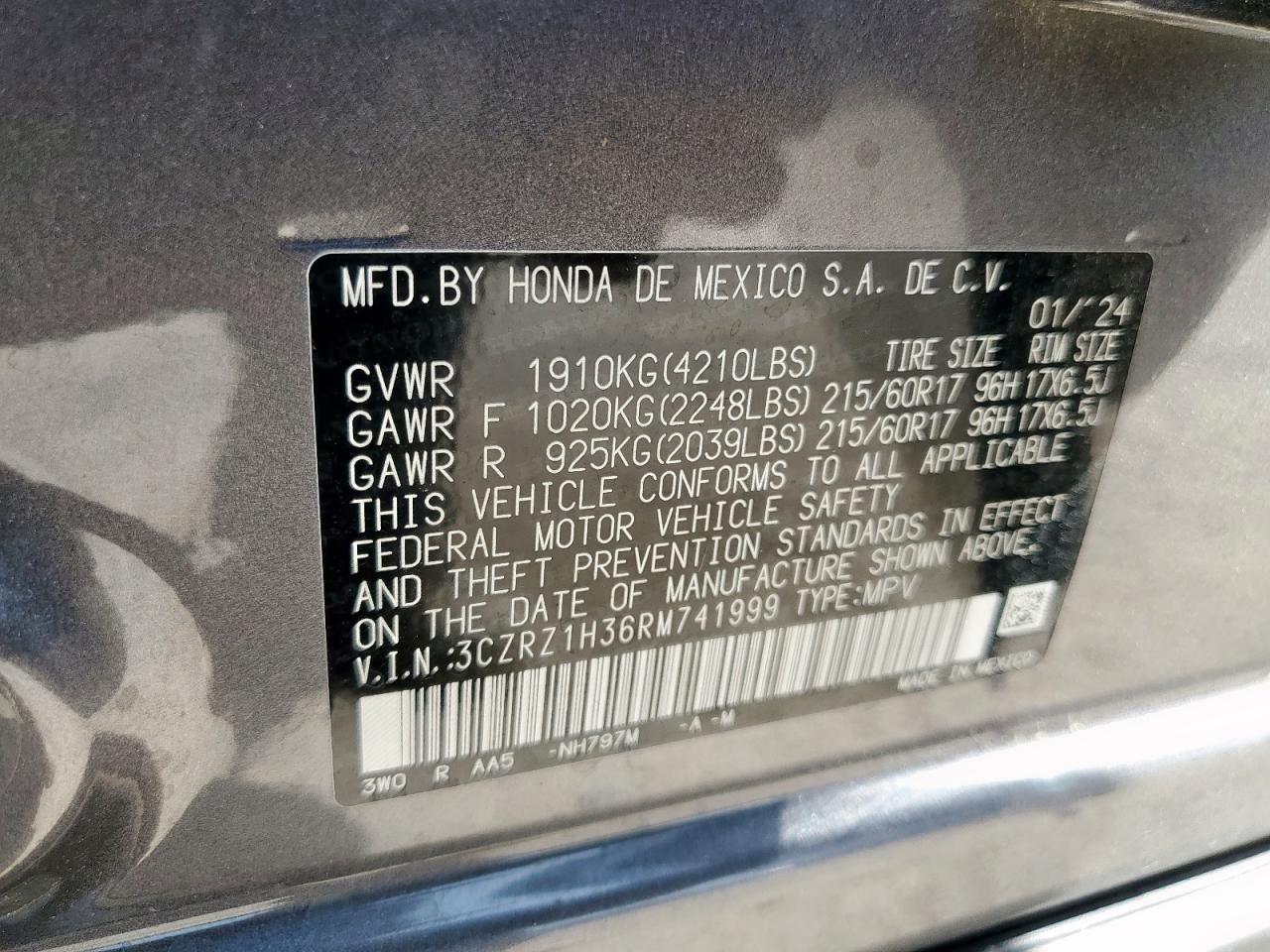 2024 Honda Hr-V Lx VIN: 3CZRZ1H36RM741999 Lot: 62892495
