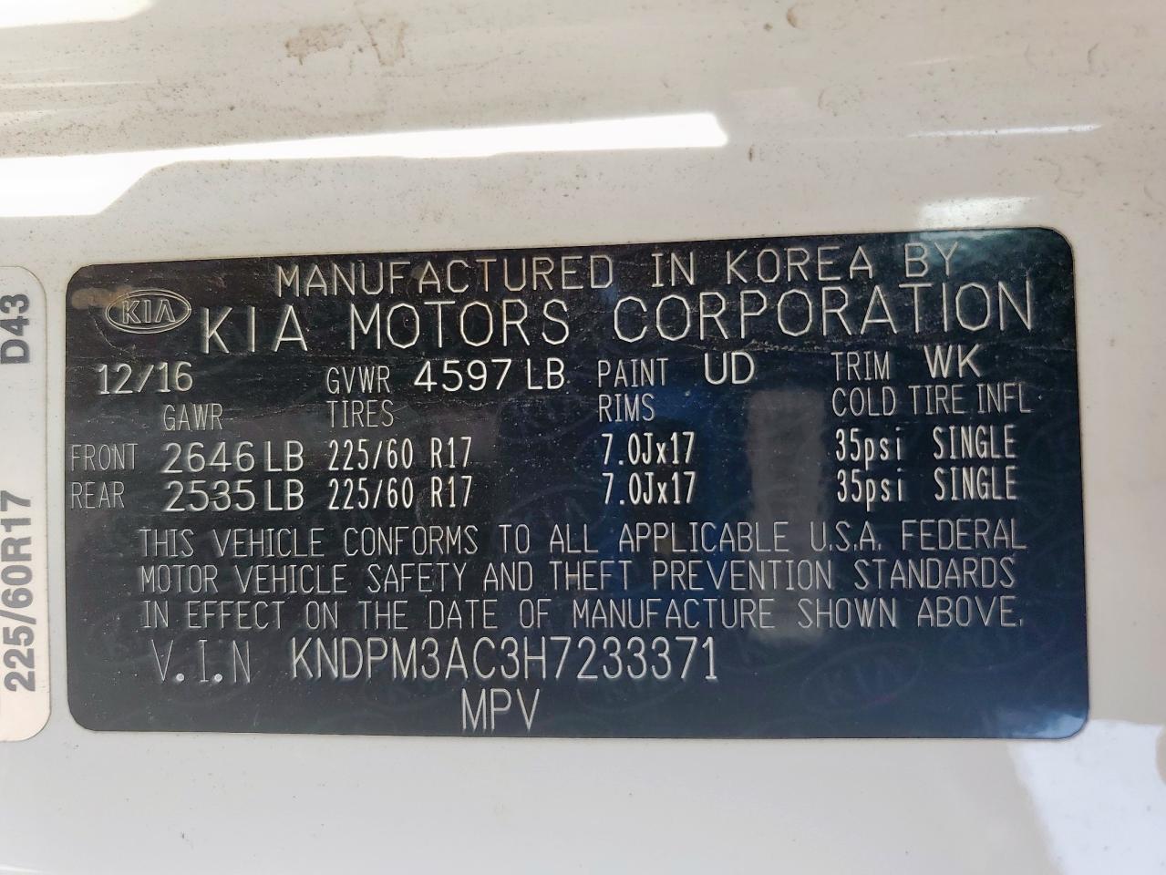 2017 Kia Sportage Lx VIN: KNDPM3AC3H7233371 Lot: 64750415