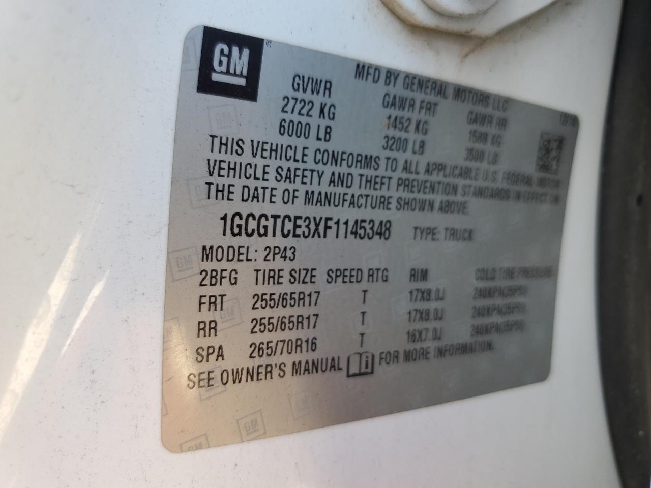 2015 Chevrolet Colorado Z71 VIN: 1GCGTCE3XF1145348 Lot: 64598535