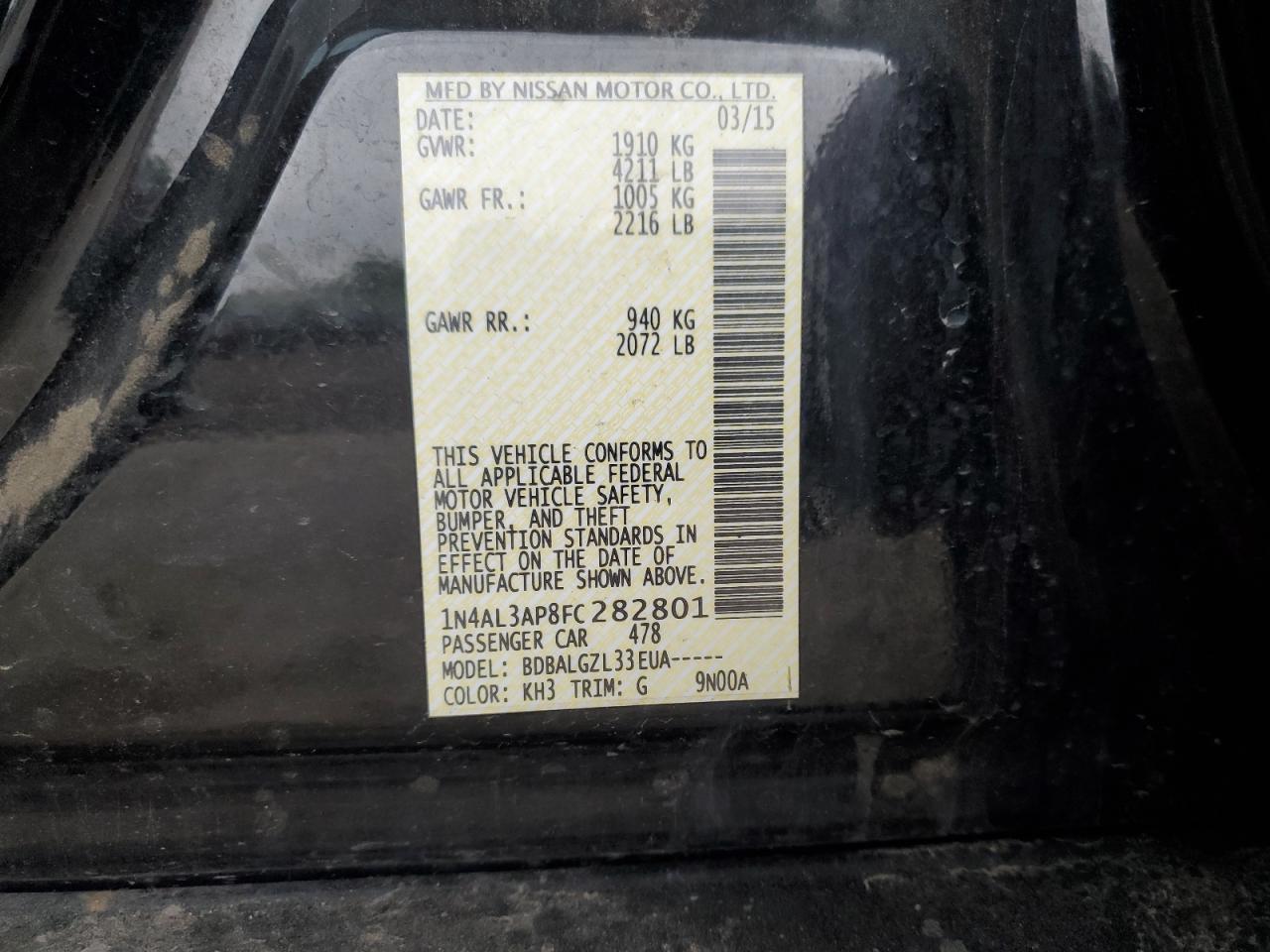 2015 Nissan Altima 2.5 VIN: 1N4AL3AP8FC282801 Lot: 65121245