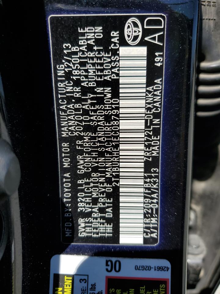 2014 Toyota Corolla L VIN: 2T1BURHE1EC087910 Lot: 62942865