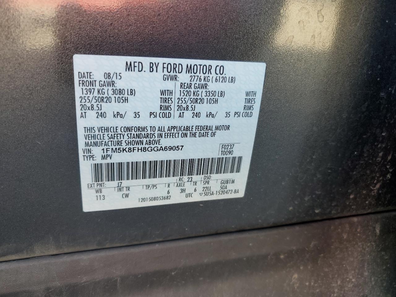 2016 Ford Explorer Limited VIN: 1FM5K8FH8GGA69057 Lot: 64979515