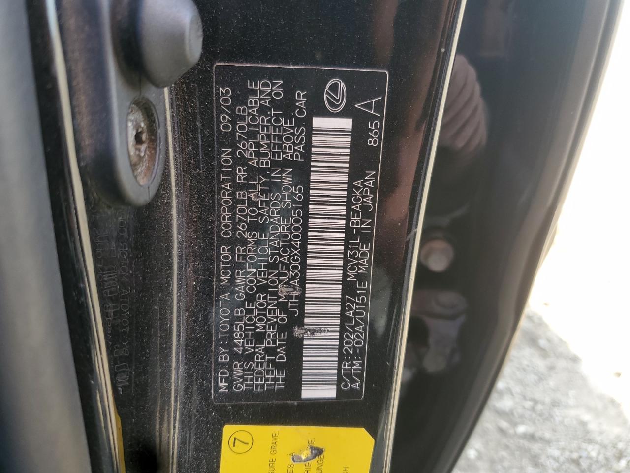 2004 Lexus Es 330 VIN: JTHBA30GX40005165 Lot: 64263285